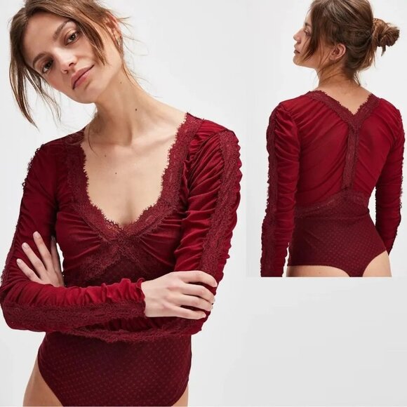 Free People Forever Young Red Lace Long-Sleeve Bodysuit Size Large - Picture 12 of 12
